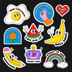 Colorful happy school stickers set for kids. Egg, hand, heart, flower, watermelon, banana, pencil, robot and rainbow. Collection of trendy retro cartoon stickers.