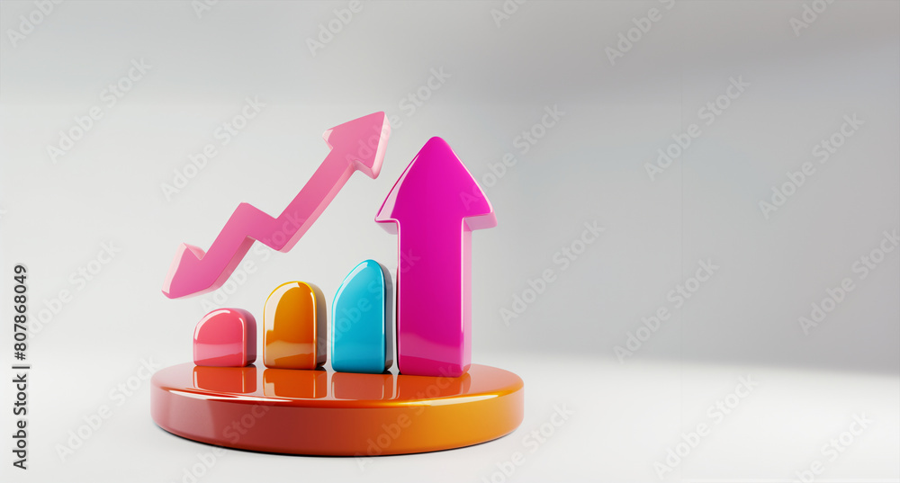 Poster a pink arrow pointing upward is on top of a graph. the graph is a representation of a trend growth. 