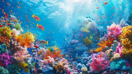 Underwater image of a coral reef with many tropical fish swimming around in the crystal clear water.