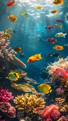 Underwater world. Tropical fishes among bright corals.