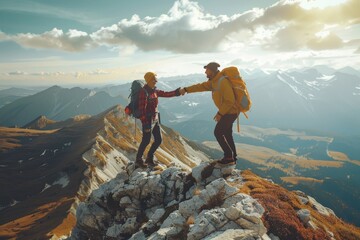 Happy hiker on mountain top - celebrating success - young man climbing to fulfill life. Beautiful simple AI generated image in 4K, unique. - obrazy, fototapety, plakaty