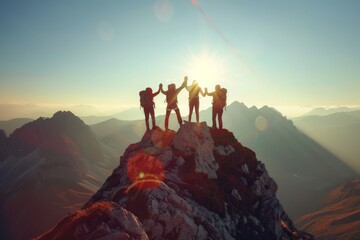 Happy hiker on mountain top - celebrating success - young man climbing to fulfill life. Beautiful simple AI generated image in 4K, unique.