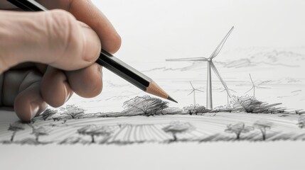 An artist's rendering of a wind farm.