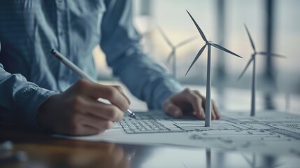 An engineer is working on a blueprint for a wind turbine.