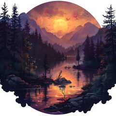 mountains,river,Forests, trees and nature, moon, sun,vintage style.,art ,generative AI