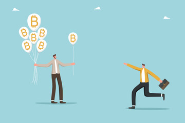 Mentoring for investing funds in digital currency, growth and stabilizing of cryptocurrencies in market, business assistance for financial or economic stability, businessman gives man bitcoin balloon.