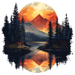 mountains,river,Forests, trees and nature, moon, sun,vintage style.,art ,generative AI