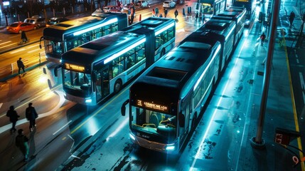 A fleet of modern electric buses waiting at a busy urban bus terminal,with commuters boarding and disembarking amidst the hustle and bustle of city life