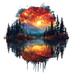 mountains,river,Forests, trees and nature, moon, sun,vintage style.,art ,generative AI