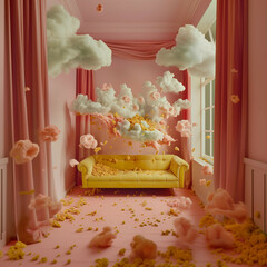 Comfortable yellow sofa with a cloud above it, raining candies of various colors: yellow, soft pink, blue.