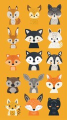 Cute cartoon woodland animals faces collection