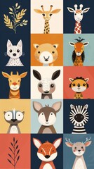 Cute cartoon animals. Giraffe, cat, tiger, deer, kangaroo, tiger, lemur, fox and elk.