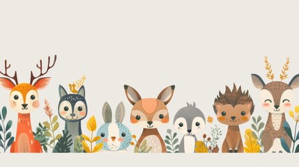 Naklejka premium Cute woodland animal friends. Seamless pattern with deer, owl, rabbit, fox, penguin and hedgehog.