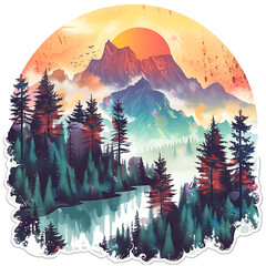 mountains,river,Forests, trees and nature, moon, sun,vintage style.,art ,generative AI