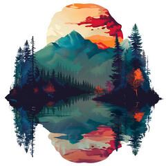 mountains,river,Forests, trees and nature, moon, sun,vintage style.,art ,generative AI
