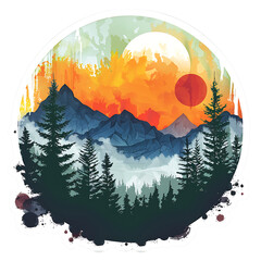 mountains,river,Forests, trees and nature, moon, sun,vintage style.,art ,generative AI