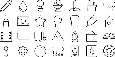 Art, creativity and graphic design related editable stroke outline icons set isolated on white background flat vector illustration.