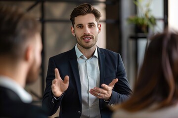 Fototapeta premium Businessman talking to colleagues during meeting in office. Business people having conversation at workplace. Teamwork concept