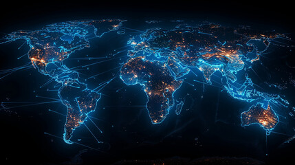 Illuminated global network over Earth at night - obrazy, fototapety, plakaty