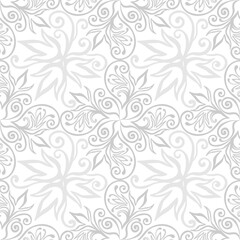 Swirl ornament, grey pattern on white background. Seamless floral pattern-321.