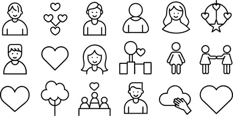 Love, friendship, care and charity concept editable stroke outline icons set isolated on white background flat vector illustration.