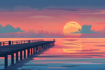 Obraz premium Sunset Seascape with Pier in Flat Color