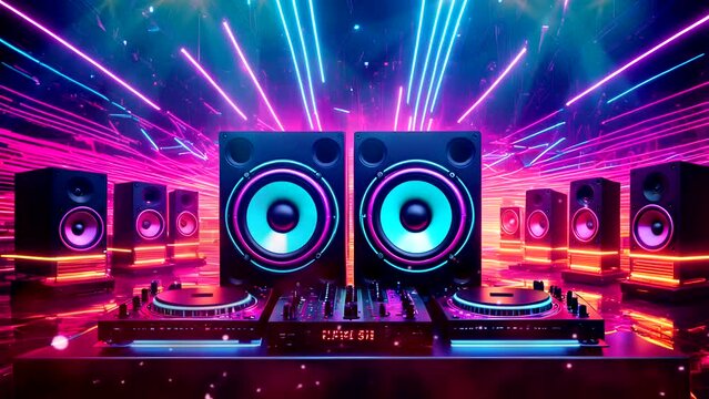 Turntable with speaker on colorful abstract background