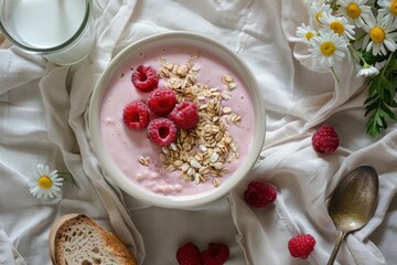 Homemade bread, smoothie bowl with granola and berries for healthy breakfast, flowers, milk glass, elevated luxurious morning routine, closeup photo, top view. AI generated image
