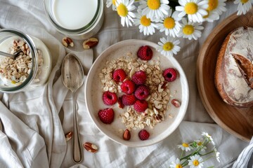 Homemade bread, smoothie bowl with granola and berries for healthy breakfast, flowers, milk glass, elevated luxurious morning routine, closeup photo, top view. AI generated image