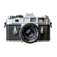 Black and silver vintage camera isolated on a transparent background, shown from a top view