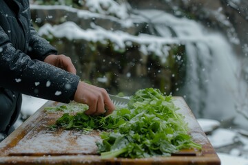 slicing greens on a wooden bench in front of a waterfall