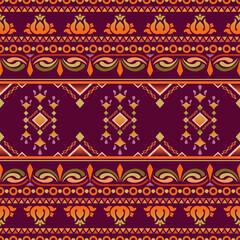 Seamless tribal patterns with colorful motifs feature floral, ornament, and geometric shapes in vintage colors. Repeat abstract patterns design for fabric, textiles, skirts, sarongs, and carpets.