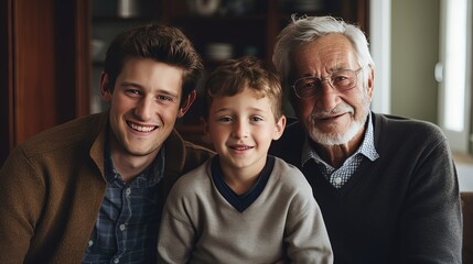 portrait of three generations. smiling Caucasian grandson, father and grandfather hugging and smiling looking at the camera while inside