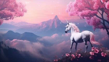 A unicorn stands in a field of pink flowers - Powered by Adobe