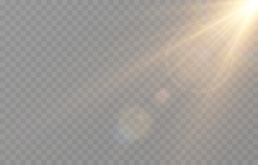 Vector realistic light on isolated transparent background. Light with glare png. Dawn, sunset, sun png. Flash of light, light effect.