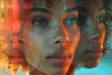 Abstract image of a woman's reflection with neon lights, emphasizing duality