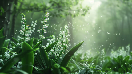 Beautiful lily of the valley in the forest. AI.