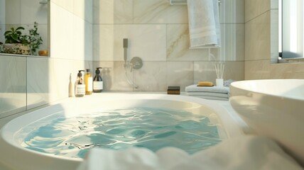 Interior of a modern bathroom with a bathtub