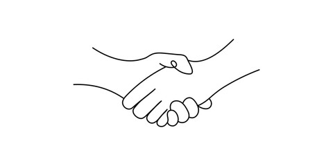 Handshake, agreement, input hand banner drawn from one line on a white background. Partnership and friendship symbol. vector graphic line