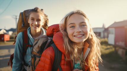 Two young smiled blond girls with backpacks  standing outside and enjoying company and nice weather