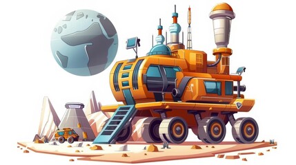 An illustration of a space planet colonization. Futuristic technology, sci-fi construction, a mars rover for exploration of space isolated on a white background.