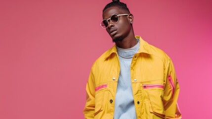 Fototapeta premium Young adult black man in bold hipster clothes posing front of the camera, African-American male model studio shot, background with copy space, diversity and different beauty concept AI generated imag