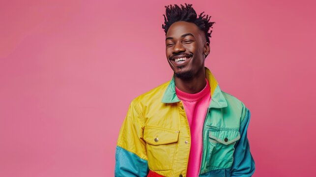 Young adult black man in bold hipster clothes posing front of the camera, African-American male model studio shot, background with copy space, diversity and different beauty concept AI generated imag
