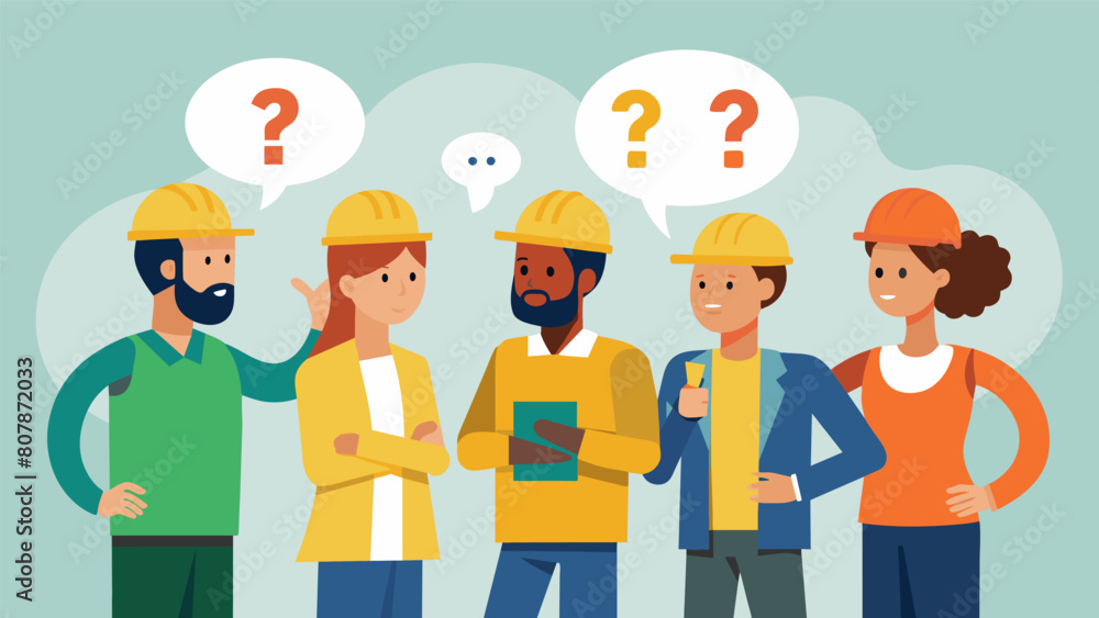 Poster visitors interacting with construction workers and asking questions about the building techniques an