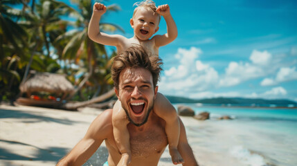 Happy young father having fun with toddler son on tropical beach - Travel vacation and family concept - Models by AI generative