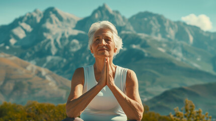 Senior woman doing yoga meditation outdoor with mountians in background - Healthy lifestyle and mindfulness concept - Model by AI generative