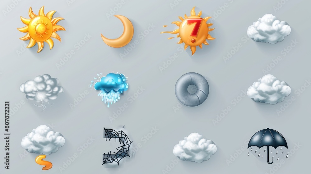 Poster set of realistic weather meteo icons isolated on transparent background. includes realistic elements