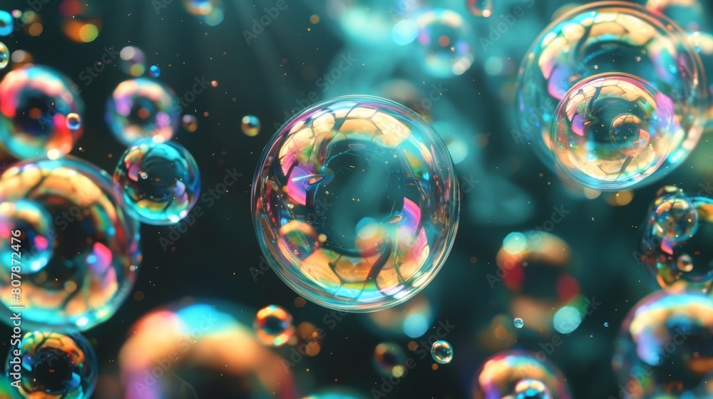 Poster close up view of soap bubbles floating in the air, reflecting light and showcasing iridescent colors