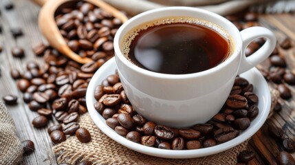 Fototapeta premium A cup of coffee on a saucer with beans around it, AI