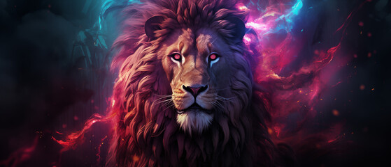 Vibrant Cosmic Lion Art with Fiery Mane and Intense Gaze
